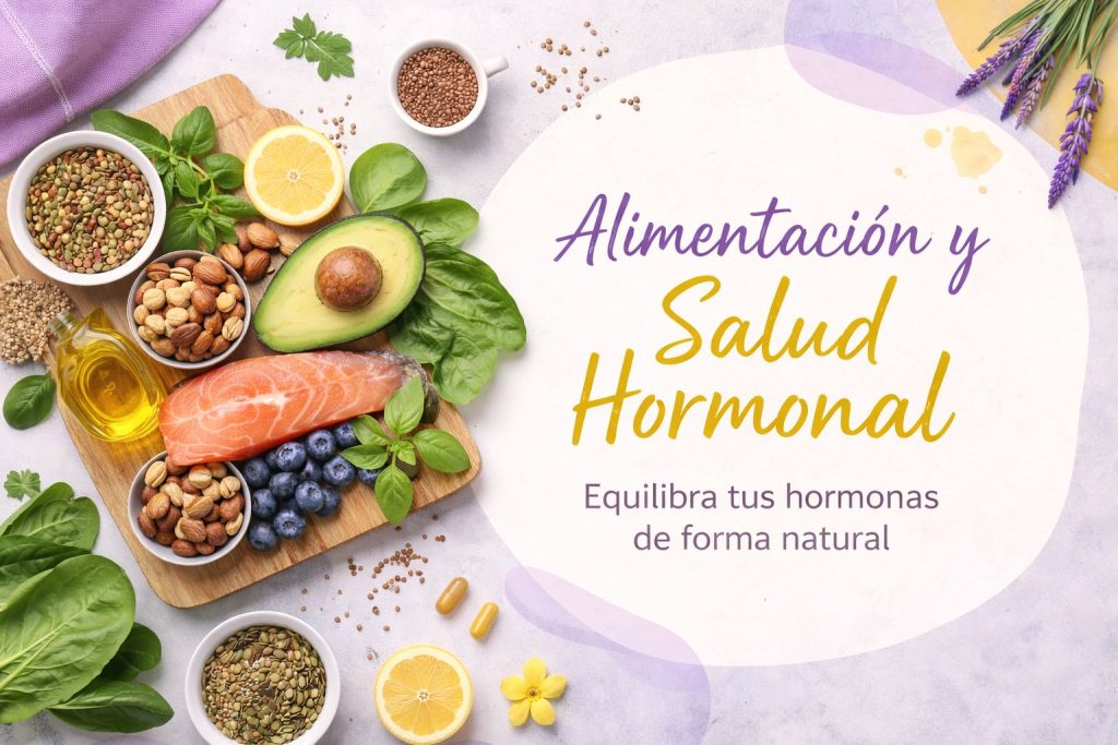 alimentos saludables como salmón, aguacate, frutos secos y semillas que representan una alimentación para el equilibrio hormonal