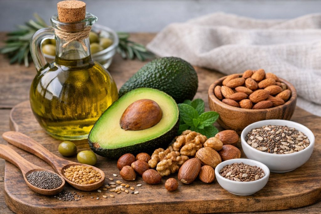 Grasas saludables en la alimentación: aceite de oliva, aguacate y frutos secos