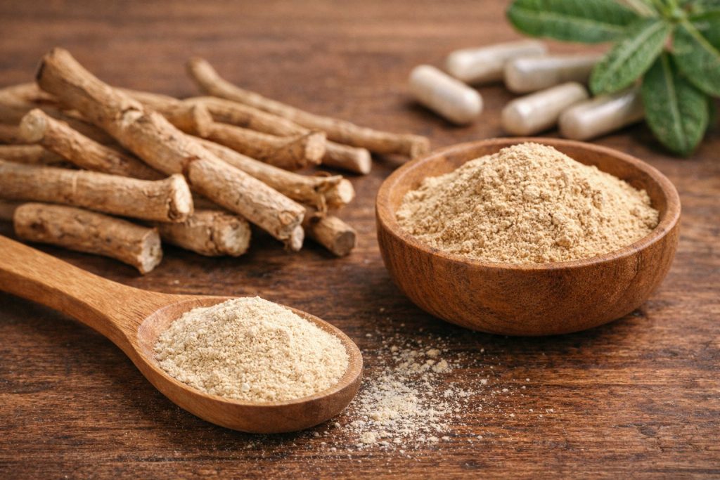Ashwagandha en raíz y polvo, suplemento natural para el estrés y el cortisol