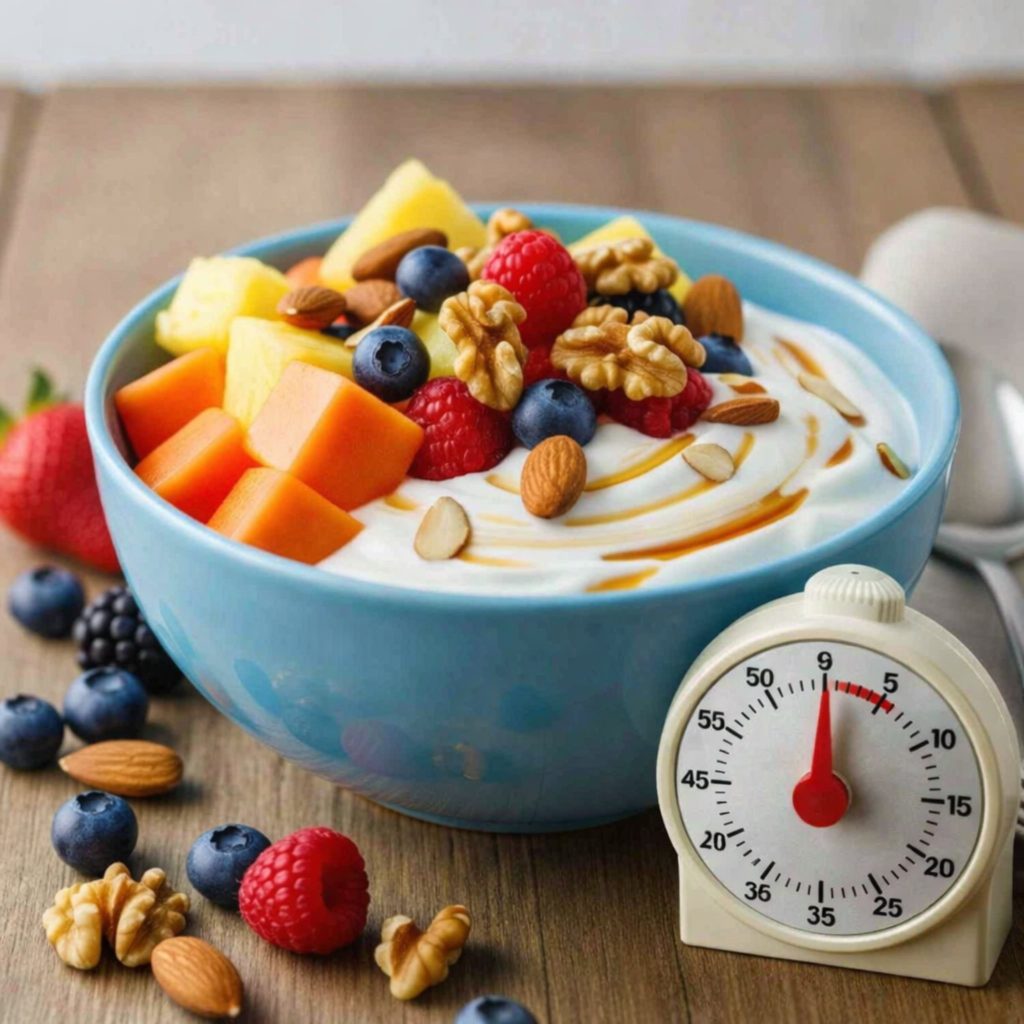 “Desayuno saludable rápido con yogur, fruta, frutos secos y temporizador de cocina indicando pocos minutos de preparación.”