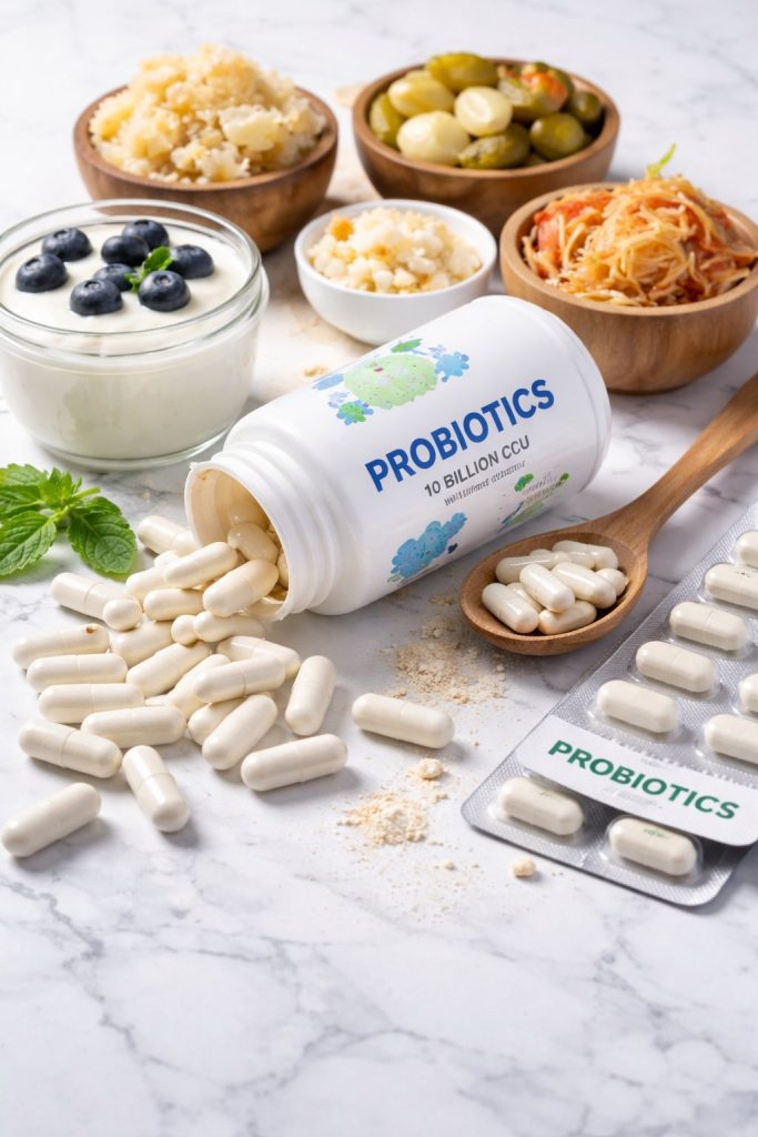 Frasco abierto de suplemento probiótico con cápsulas blancas derramadas sobre una superficie de mármol, acompañado de yogur con arándanos y alimentos fermentados como kimchi y encurtidos.