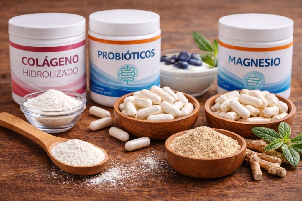 Suplementos de moda: colágeno hidrolizado, probióticos, ashwagandha y magnesio en formato cápsulas y polvo