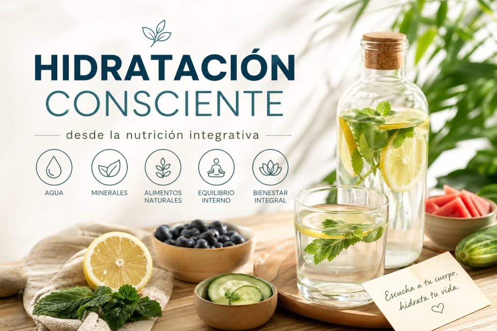 Hidratación consciente con agua infusionada con limón y menta, frutas frescas y enfoque de nutrición integrativa