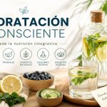 Hidratación consciente con agua infusionada con limón y menta, frutas frescas y enfoque de nutrición integrativa