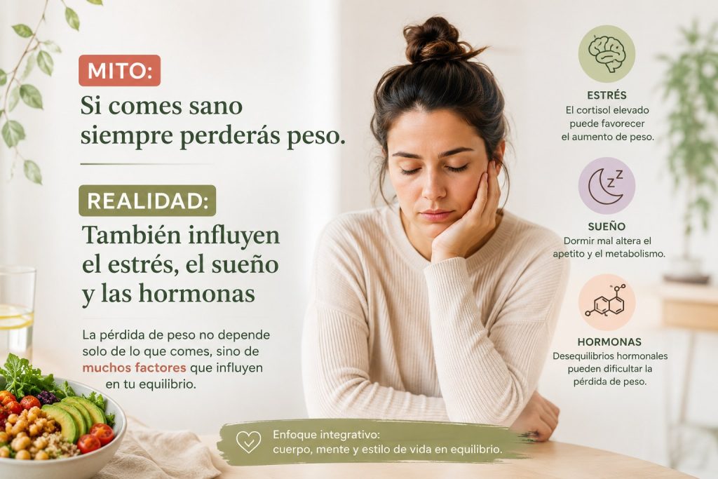 mito de que comer sano siempre ayuda a perder peso, destacando la influencia del estrés, el sueño y las hormonas desde la nutrición integrativa