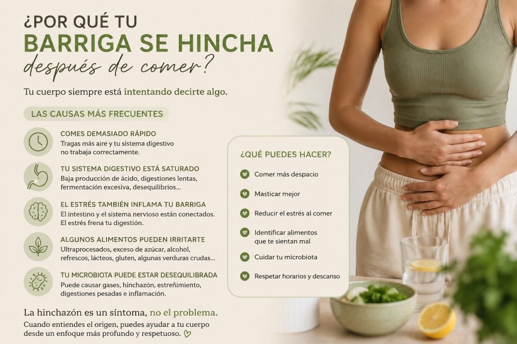 molestias de hinchazón abdominal junto a información sobre las causas de la barriga hinchada después de comer y consejos para mejorar la digestión.