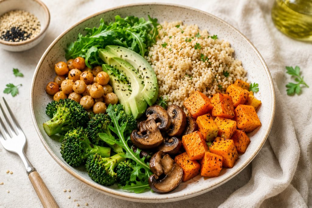 Plato saludable con carbohidratos complejos como arroz integral, boniato, garbanzos y verduras frescas, representando una alimentación equilibrada para adelgazar de forma saludable.