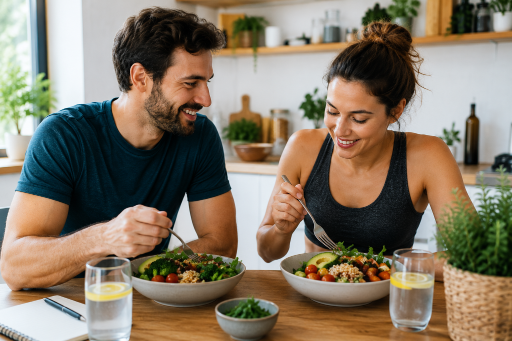 Pareja disfrutando de una alimentación saludable durante un proceso de nutrición integrativa en Bilbao para mejorar su bienestar y recuperar el equilibrio corporal.