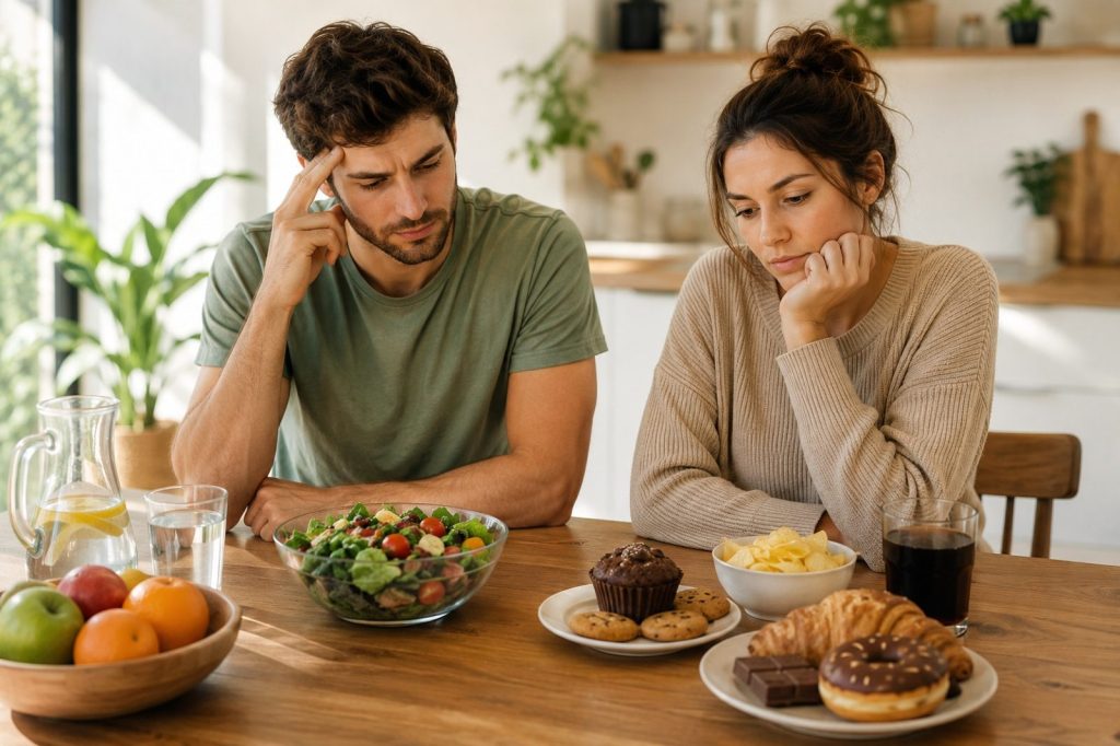 Persona reflexionando sobre hábitos alimentarios y alimentación saludable en consulta de dietista integrativa en Bilbao