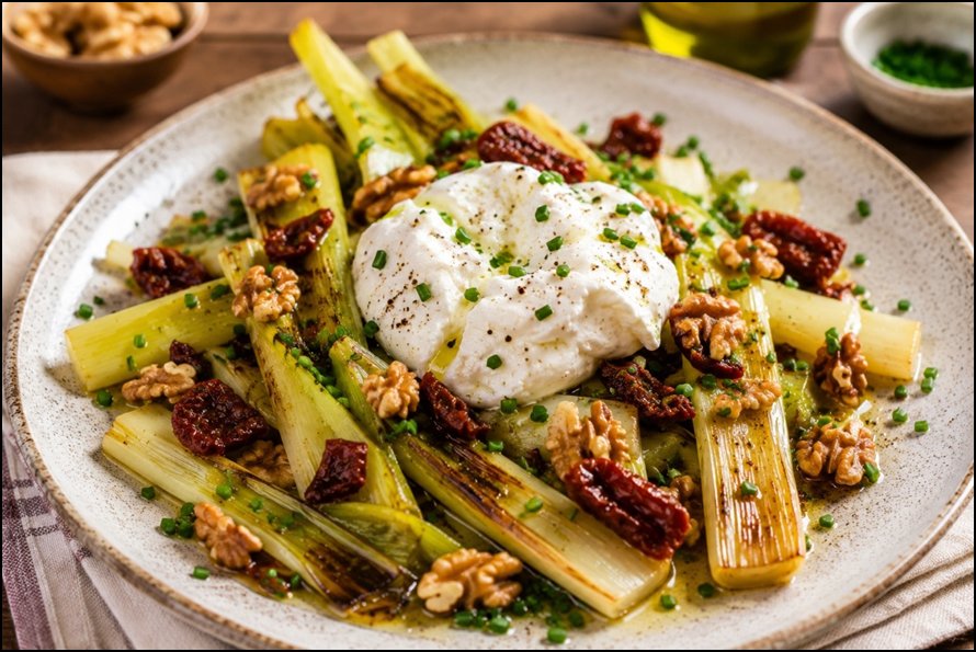 Puerros asados con burrata cremosa, nueces y tomates secos aliñados con aceite de oliva