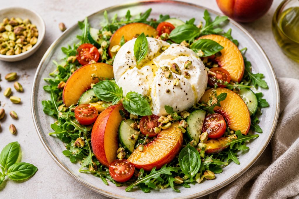 Ensalada mediterránea de melocotón, burrata y pistachos, una receta saludable y refrescante para el verano.