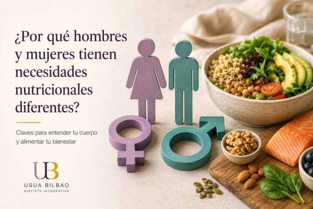 Alimentos saludables que representan las diferentes necesidades nutricionales de hombres y mujeres. Dietista Integrativa en Bilbao especializada en nutrición personalizada y salud hormonal.
