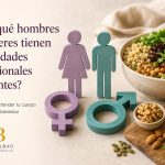 Alimentos saludables que representan las diferentes necesidades nutricionales de hombres y mujeres. Dietista Integrativa en Bilbao especializada en nutrición personalizada y salud hormonal.