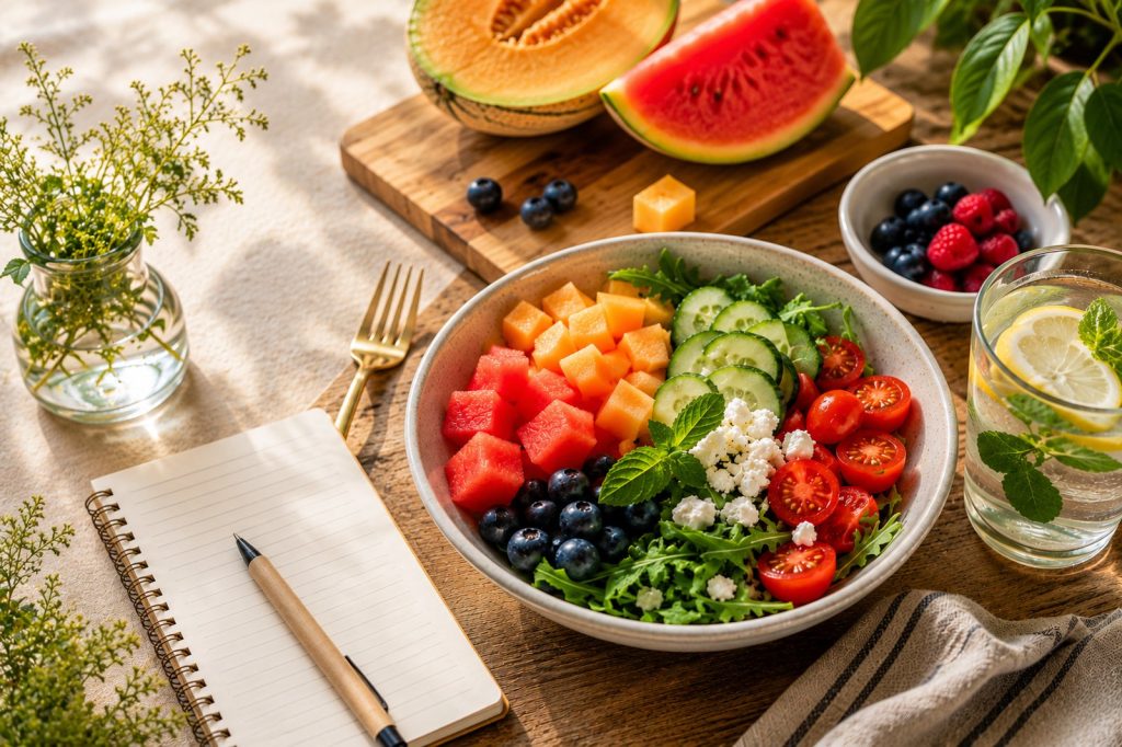 Alimentación saludable en verano con frutas, verduras y agua refrescante. Dietista integrativa en Bilbao.