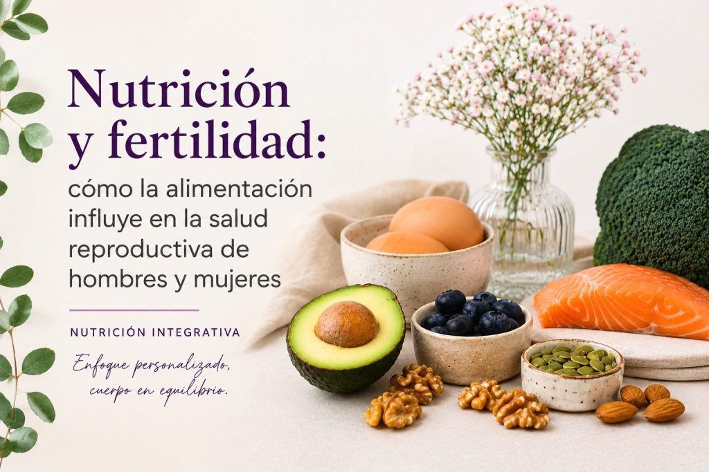 Alimentos saludables relacionados con la fertilidad y la salud hormonal, como salmón, aguacate, huevos, frutos secos y arándanos. Nutrición integrativa para hombres y mujeres online y en Bilbao.