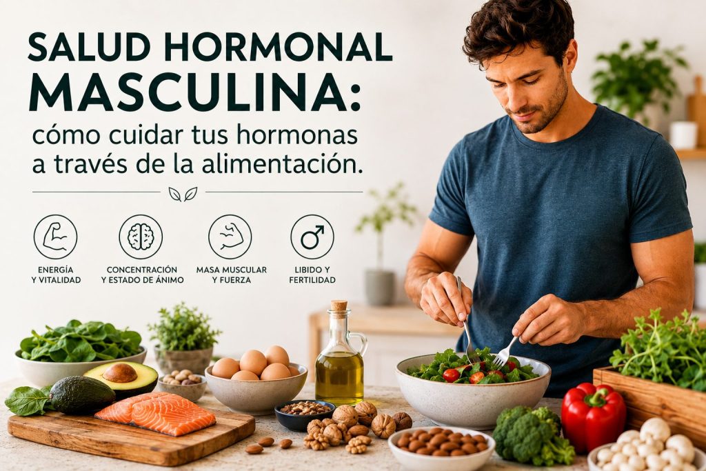 Hombre preparando una comida saludable para favorecer la salud hormonal masculina mediante una alimentación equilibrada.