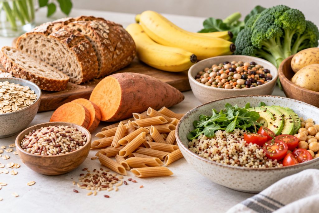 Alimentos ricos en carbohidratos como pan integral, avena, legumbres, pasta, arroz, patata y boniato.
