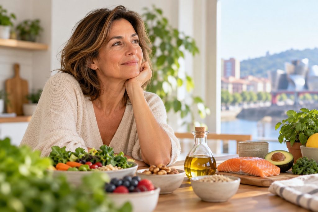 Mujer disfrutando de una alimentación saludable durante la perimenopausia.