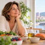 Mujer disfrutando de una alimentación saludable durante la perimenopausia.